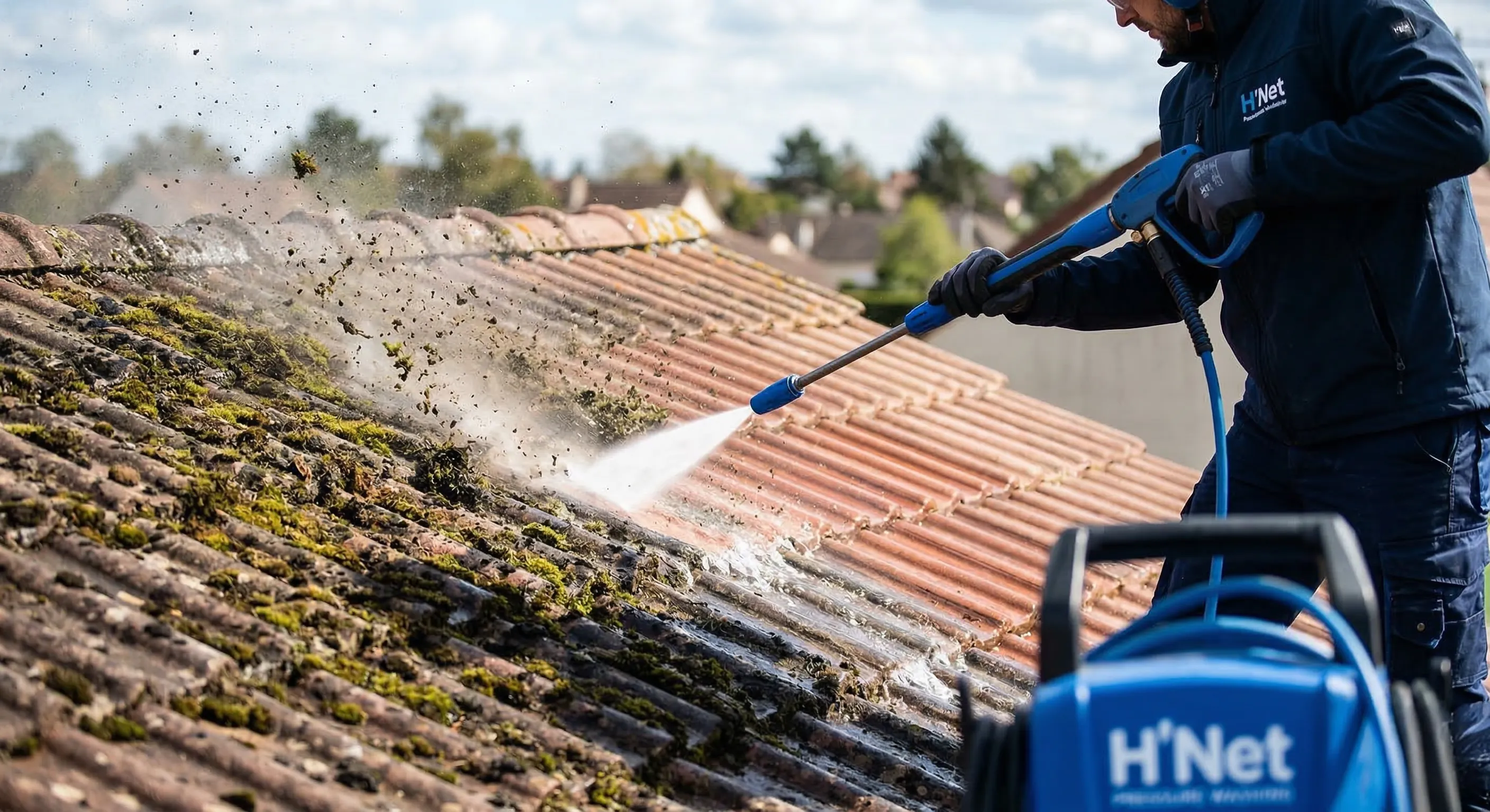Chantier de démoussage et traitement de toiture en tuiles réalisé près de Troyes par H'Net